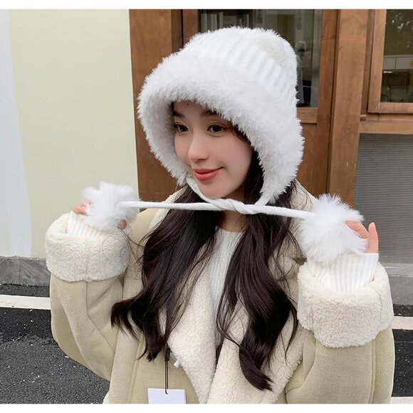 Women White  Winter Sherpa Beanie Hats Knit Ear Flaps Peruvian Cover Ears